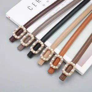 Women skinny leather belt with pearl rhinestone buckle, chic casual trouser dress belt.
