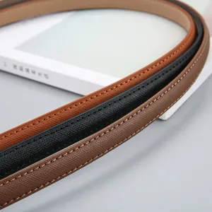 Slim genuine leather women belt with textured finish and contrast stitching, casual pants accessory.