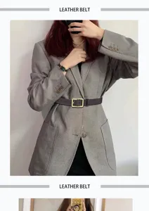 Stylish genuine leather belt with a classic square metal buckle for coats and blazers.