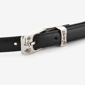 Black leather belt with silver floral engraved buckle minimalist waist accessory for women