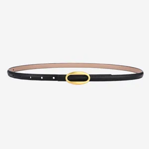 Elegant women thin leather belt with gold oval buckle black casual jeans waist strap main