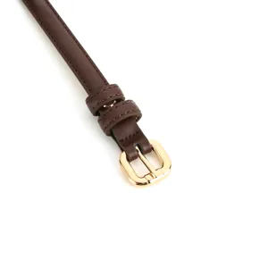 Women thin brown leather belt with gold metal buckle elegant dress accessory main view product