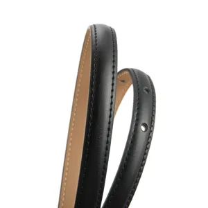 Black thin leather belt for women, genuine cowhide waist strap, elegant dress accessory.