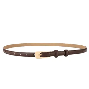 Elegant women's dark brown thin leather belt with gold metal buckle, perfect for dresses.