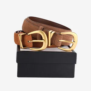 Women vintage suede belt with stylish metal buckle, casual retro wide leather waist belt.