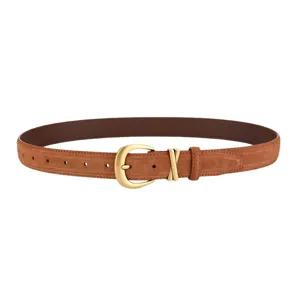 Women vintage brown suede belt with gold buckle chic retro waist accessory 2.5cm wide