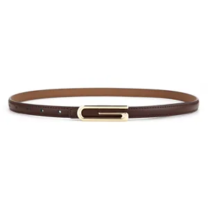Women thin leather belt with gold metal G buckle stylish dress waist accessory casual chic
