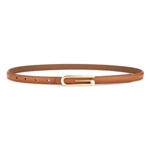 Women genuine leather thin belt with gold metal buckle for dresses and casual wear.