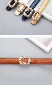 Detailed view of women fashion waist belt featuring elegant pearl rhinestone buckle.