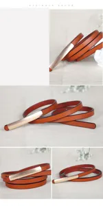 Slim brown leather belt for women with a sleek gold metal bar buckle for stylish daily wear.