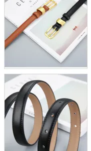 Ceinture fine en cuir pour femme minimaliste, boucle dorée élégante, détail de style.
