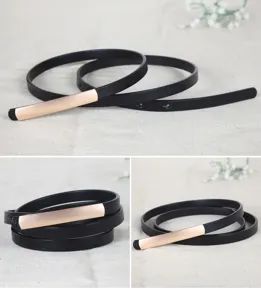 Elegant thin leather belt for women with a sleek metal buckle, perfect for dresses and casual wear.