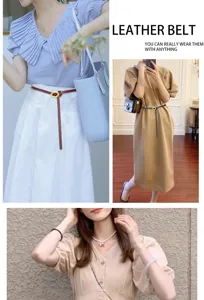 Women genuine leather belt thin waist strap adjustable waistline dress accessory fashion chic