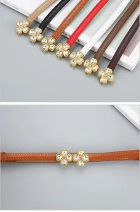 Women thin waist belt rhinestone four leaf clover buckle dress accessory minimalist fashion strap