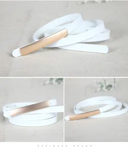 White thin leather belt with gold metal plate buckle minimalist waist strap for dresses