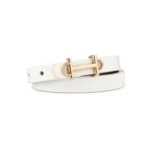 Close-up detail of the elegant white leather strap and metallic gold buckle accessory.
