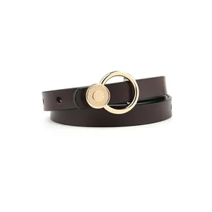 Minimalist dark brown thin leather belt with gold round buckle detail, women fashion accessory