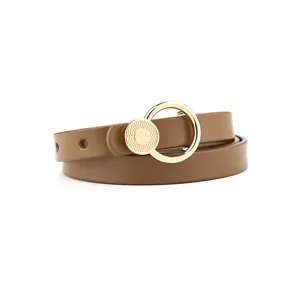 Chic women's thin leather belt featuring a gold round buckle, detailed product view.