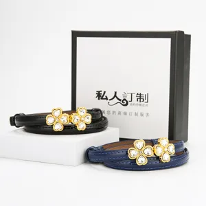 Women Casual Fashion Genuine Leather Belt Rhinestone Clover Buckle Slim Dress Waistband Decorative Accessories