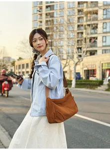 Casual brown nylon shoulder bag for women, large capacity crossbody tote for daily use and students.