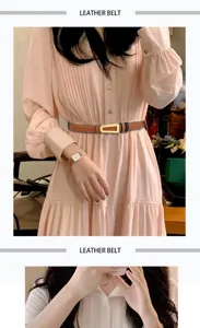 Vue détaillée de la ceinture en cuir marron pour femme portée avec une robe, boucle dorée.