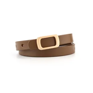 Brown thin leather belt with gold rectangular buckle, elegant detail shot for women dresses suits.