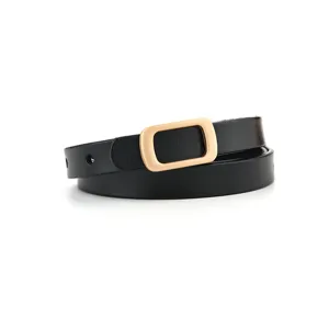 Elegant black leather belt with gold rectangular buckle, thin waist accessory for dresses.