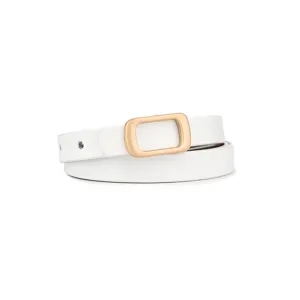 White thin leather belt detail with gold rectangular buckle for women apparel styling.