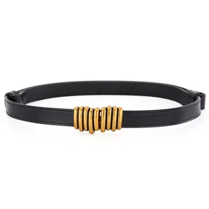 Black leather women thin belt with gold metal ring buckle for dress coat sweater styling main view