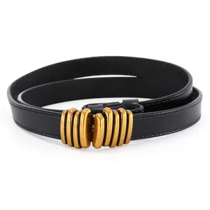 Women's Black Leather Belt with Vintage Gold Sculptural Metal Buckle for Dresses Sweaters