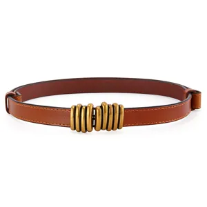 Women's stylish slim brown leather dress belt with retro metallic buckle for coat.
