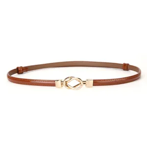 Ceinture fine femme en cuir vernis marron avec boucle élégante nœud doré pour robe mode
