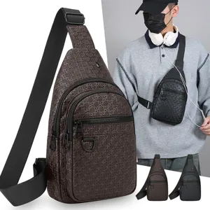 Men's Chest Bag PU Leather Waterproof Crossbody Bag Casual Fashion Embossed Sling Bag Single Shoulder Outdoor Travel Bag