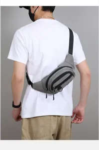 Men casual nylon waist bag crossbody outdoor sports commuting sling bag multi-pocket grey.