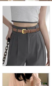 Stylish women brown leather belt with gold buckle casual trousers accessory everyday wear