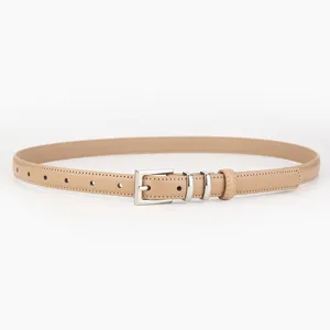 Minimalist thin leather belt for women and men, classic casual waist belt with silver pin buckle.