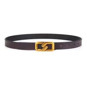 Minimalist women leather belt with gold geometric buckle vintage slim waist strap