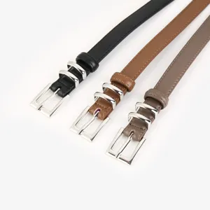 Slim leather belt set featuring three stylish colors with silver pin buckles for women and girls.