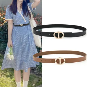 Women leather belt with metal buckle stylish thin waist belt casual dress accessory