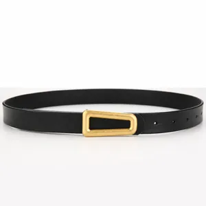 Minimalist women black leather belt with gold geometric buckle fashion casual waist belt