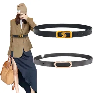 Women minimalist leather belt with stylish metal buckle fashion slim waist accessory for dress.