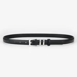 Minimalist black leather belt with silver pin buckle and sleek metal loops for everyday wear.