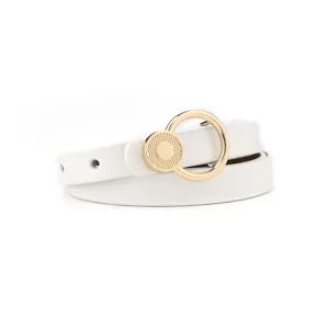 Stylish minimalist white thin belt with gold round buckle, perfect for women's daily wear.
