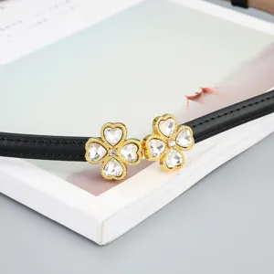 Minimalist black leather belt featuring sparkling rhinestone four leaf clover buckles for dress.