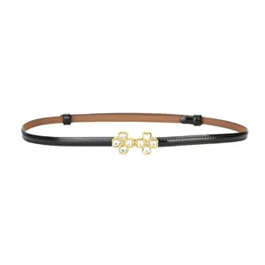 Slim black leather belt with rhinestone four-leaf clover buckle for women dresses.