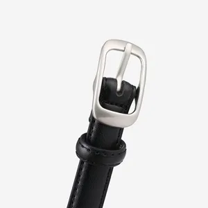 Women black leather belt with silver pin buckle, minimalist casual dress belt for pants.