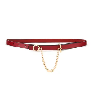 Women red thin leather belt with gold chain decoration, stylish minimalist waist piece
