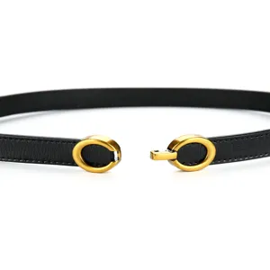 Cinturón fino negro minimalista para mujer, elegante hebilla ovalada dorada para vestido abrigo.