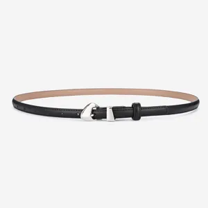Sleek black leather belt for women, minimalist design with silver buckle, perfect for jeans.