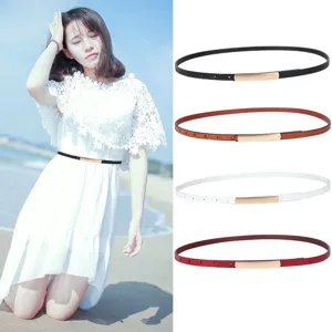 Women thin leather dress belt decorative waist band slim metal buckle multi color main image